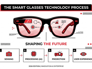 Infographic of smart glasses labeled THE SMART GLASSES TECHNOLOGY PROCESS, showing 4 steps: sensing, AI processing, projection, UX.