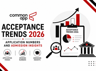 Infographic titled Acceptance Trends 2026 with charts, magnifying glass, graduation and school icons, and application/admission insights.