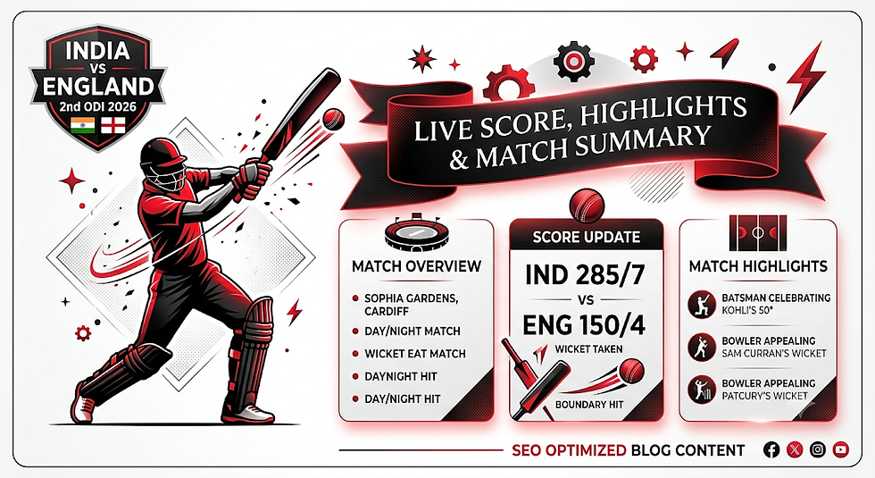 Cricket infographic for India vs England, showing batsman, live score IND 285/7 vs ENG 150/4, highlights and match summary.