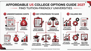Infographic titled Affordable US College Options Guide 2027 showing tuition costs, scholarships, assistantships, and ROI strategies.