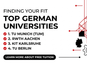 Infographic titled Finding Your Fit: Top German Universities, listing TUM, RWTH Aachen, KIT Karlsruhe, and TU Berlin with Learn more button.