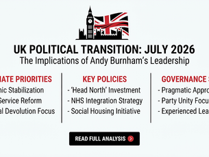 UK political transition infographic for July 2026, with Big Ben and UK flag, listing priorities, policies and governance style.