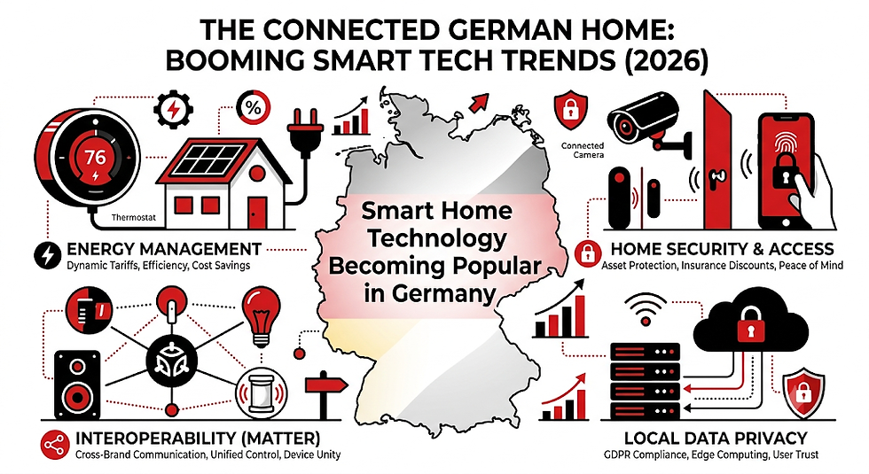 Infographic of Germany with smart home icons for energy, security, interoperability, and data privacy; headline about 2026 tech trends