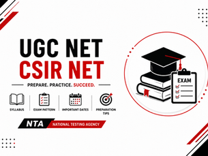 UGC NET and CSIR NET prep poster with books, exam clipboard, and NTA National Testing Agency branding on a white-red background.