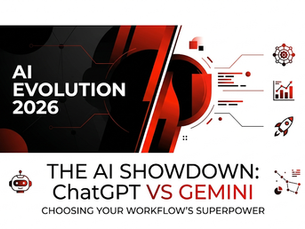 AI Evolution 2026 poster with ChatGPT vs Gemini headline, red-and-black tech graphics, icons, and the subtitle Choosing your workflow’s superpower