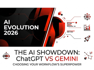 AI Evolution 2026 poster with ChatGPT vs Gemini headline, red-and-black tech graphics, icons, and the subtitle Choosing your workflow’s superpower