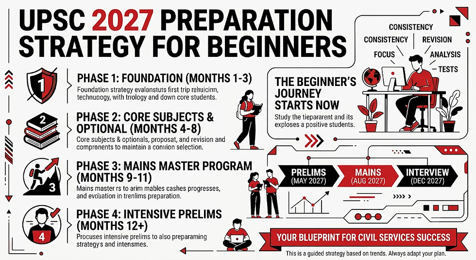 Infographic on UPSC 2027 preparation strategy for beginners, showing four phases, prep timeline, and red-black 