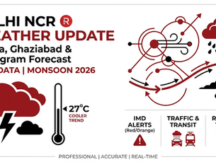 Delhi NCR weather update for Noida, Ghaziabad and Gurugram with storm and rain icons, 27°C cooler trend, live monsoon 2026.