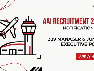 AAI Recruitment 2026 ad with airplane and airport icon, announcing 389 Manager & Junior Executive posts and Apply Now.