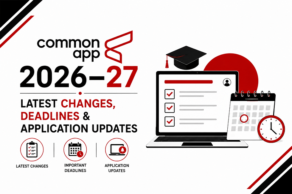 Common App 2026–27 poster with laptop, graduation cap, calendar and clock, highlighting latest changes, deadlines and application updates