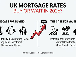 UK mortgage rates infographic: buy or wait in 2026, with icons, rising arrow, and pros/cons on buying vs waiting.