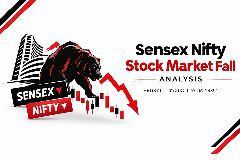 Bear over Sensex and Nifty badges with falling candlestick chart and red down arrow; text reads Sensex Nifty Stock Market Fall Analysis.
