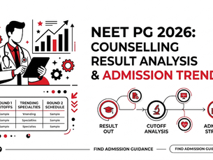Infographic on NEET PG 2026 counselling result analysis and admission trends, with doctor, charts, cutoffs, and admission strategy.