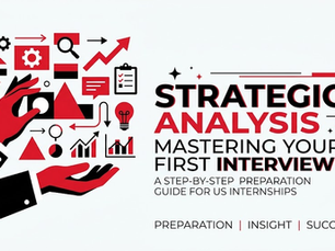 Red-and-black hands with charts and icons beside text: Strategic Analysis, Mastering Your First Interview, internship prep guide