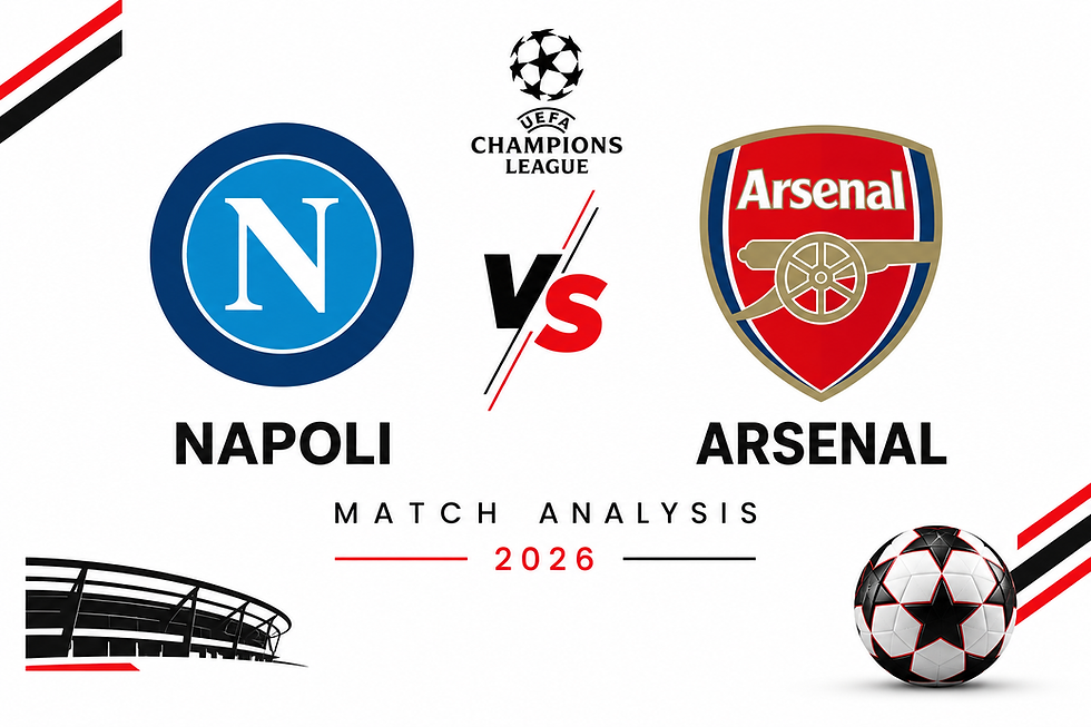 UEFA Champions League match analysis poster for Napoli vs Arsenal, with team logos, 2026 text, and a soccer ball on white background.