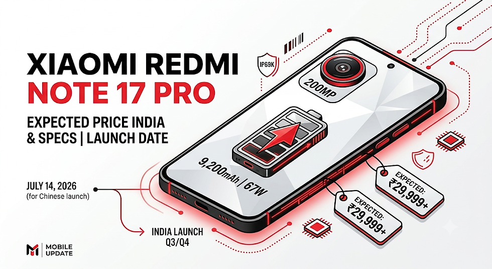 Promo graphic of Xiaomi Redmi Note 17 Pro phone with 200MP camera, 9,200mAh battery, India launch date and expected price tags.