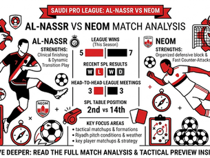 Infographic comparing Al-Nassr and Neom in Saudi Pro League, with player icons, stats, red-black graphics, and tactics text.