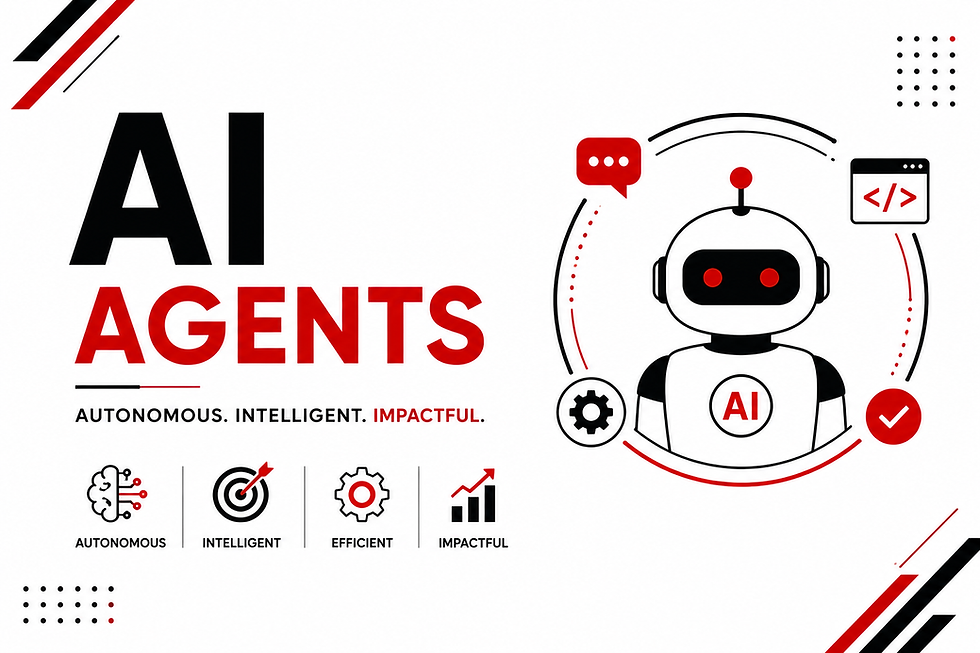 AI Agents poster with robot icon, code, chat, and gear symbols on white/red background; text: Autonomous. Intelligent. Impactful.