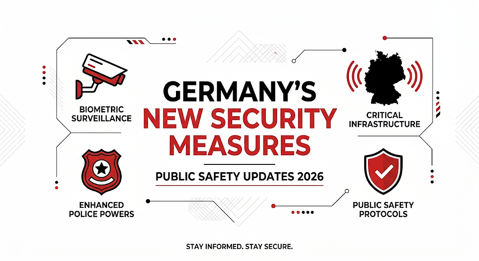 Infographic on Germany’s new security measures 2026, with CCTV, shield icons, and labels for biometric surveillance and public safety protocols.