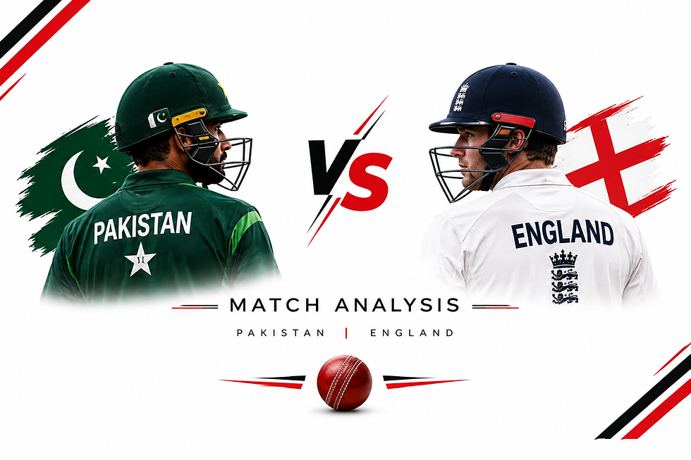 Cricket match analysis poster showing Pakistan and England batters facing off with VS, flags, and a red ball on white background
