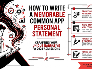 Infographic of a person writing a personal statement, titled How to Write a Memorable Common App Personal Statement, with 4 tips.
