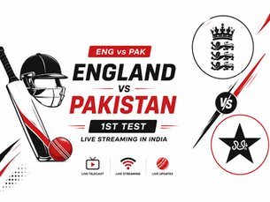 England vs Pakistan cricket match poster with bat, helmet, ball, team crests, and text: ENG VS PAK, ENGLAND VS PAKISTAN, 1ST TEST.