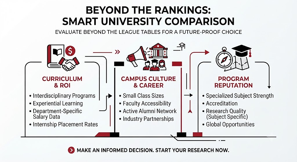 Infographic titled Beyond the Rankings: Smart University Comparison with three columns on curriculum, campus culture, and reputation.