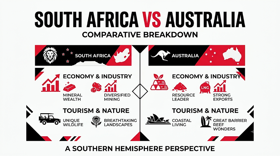 Infographic comparing South Africa vs Australia, with icons for economy, tourism, wildlife, and Great Barrier Reef.