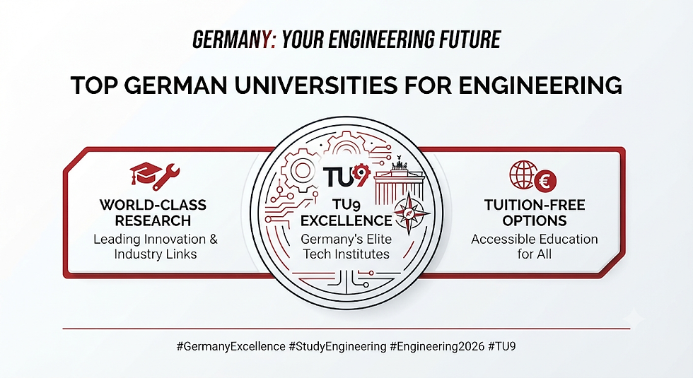 Infographic on top German engineering universities, featuring TU9 emblem and text about world-class research and tuition-free options.