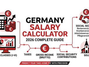 Infographic titled Germany Salary Calculator 2026 Complete Guide with tax, gross income, social security and salary icons.