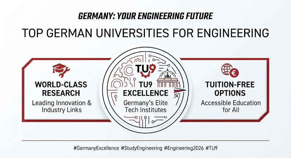 Infographic promoting top German engineering universities, highlighting TU9 excellence, world-class research, and tuition-free options.