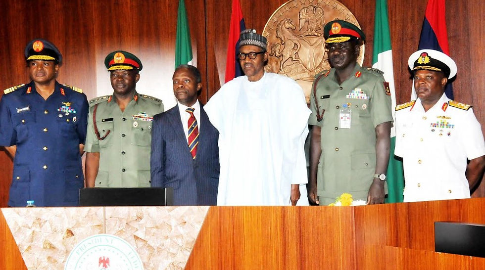 PIC.1. FROM LEFT: CHIEF OF THE AIR STAFF, AIR-MARSHAL SADIQUE ABUBARKAR; CHIEF OF DEFENCE STAFF, GEN. ABAYOMI GABRIEL OLONISAKIN; VICE PRESIDENT YEMI OSINBAJO; PRESIDENT MUHAMMADU BUHARI; CHIEF OF ARMY STAFF, LT-GEN. TUKUR BURATAI AND CHIEF OF NAVAL STAFF, VICE-ADMIRAL IBOK ETE EKWE IBAS, AT THE DECORATION OF SERVICE CHIEFS AT THE PRESIDENTIAL VILLA IN ABUJA ON THURSDAY (13/8/15). 5926/13/8/2015/ICE/CH/NAN