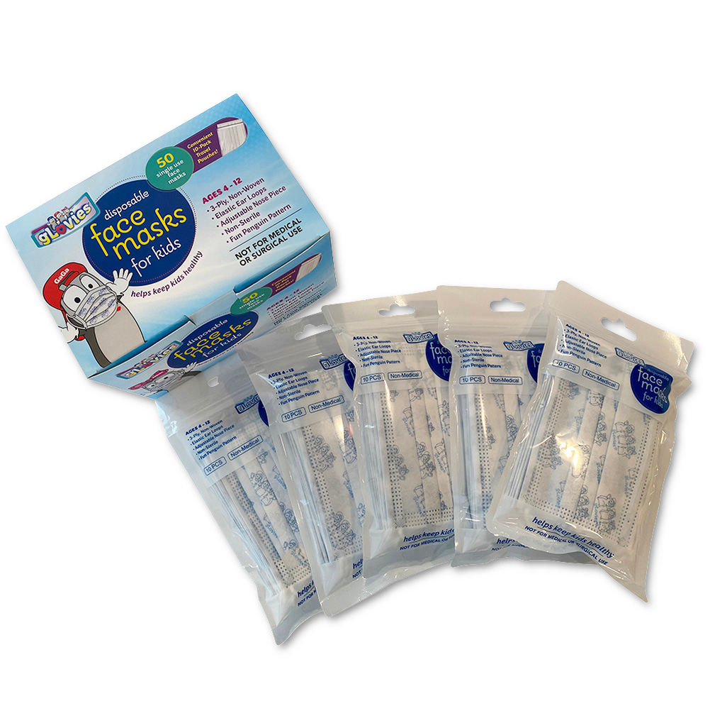 gLovies Disposable Face Masks for Kids Five Travel Bags (10pcs) Box 50 count