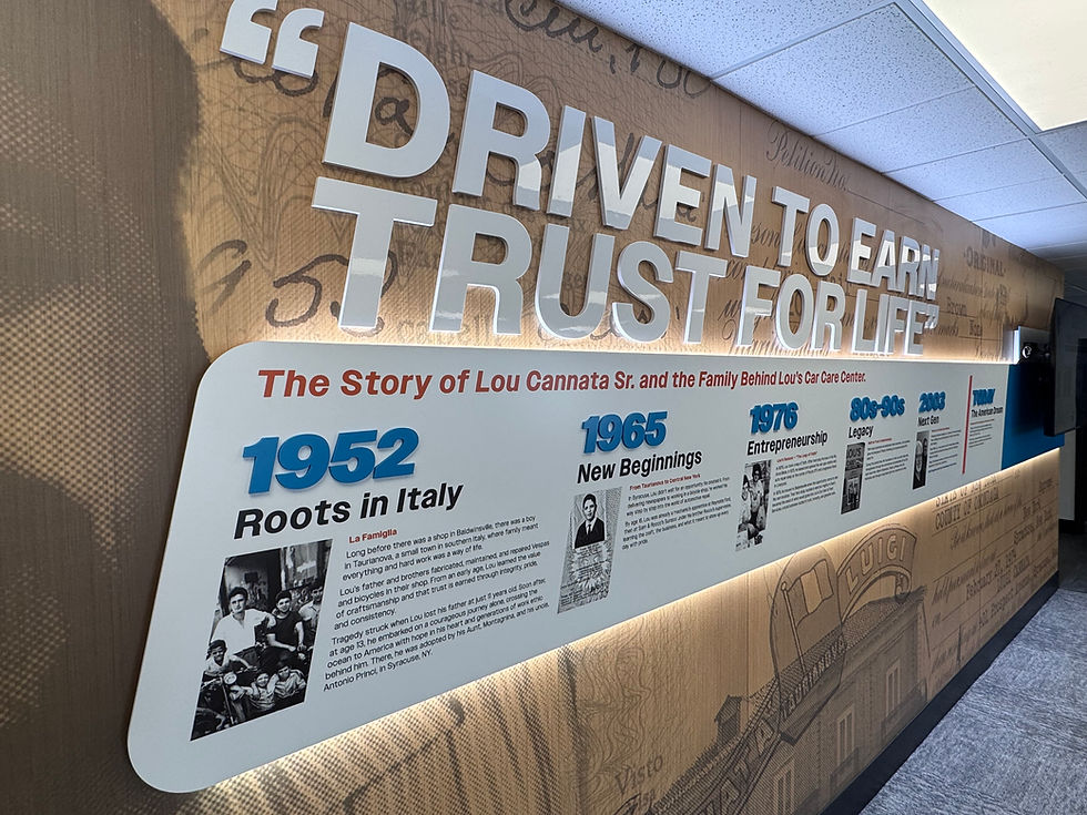 Shiny white acrylic on light oak wood interior logo signage for Lou's Car Care and Fleet Services in Baldwinsville, NY. 