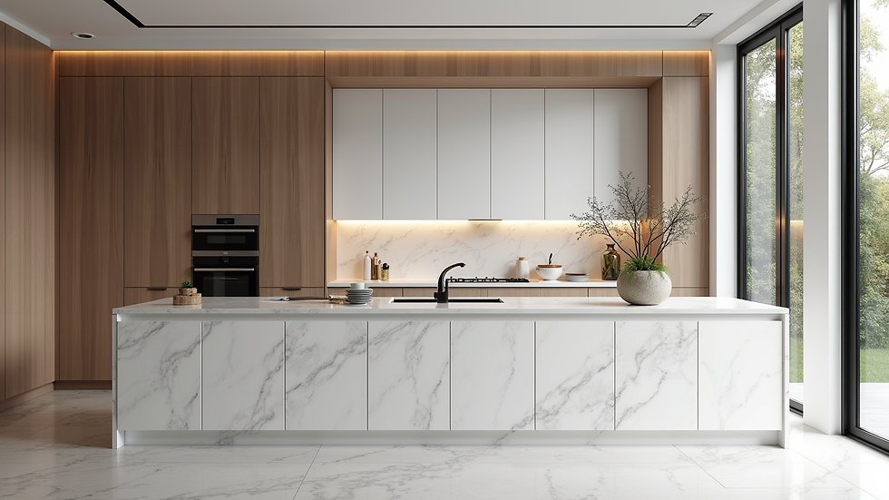 Wide angle view of a luxury kitchen with marble countertops and custom cabinetry