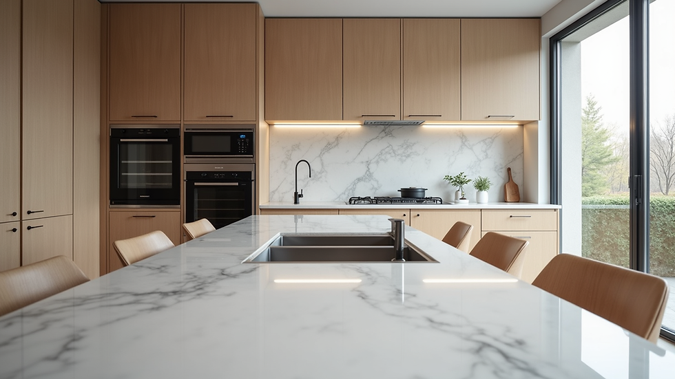 Eye-level view of a modern kitchen with sleek cabinetry and marble countertops