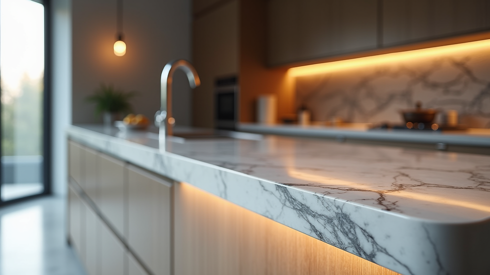 Close-up view of a sleek kitchen island with marble countertop and modern lighting