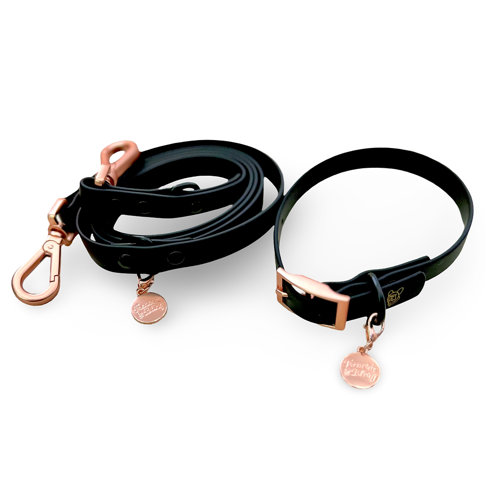 Thumbnail: FrenchieBlingTM All Weather Black & Rosegold Soft Silicone Collar & Leash