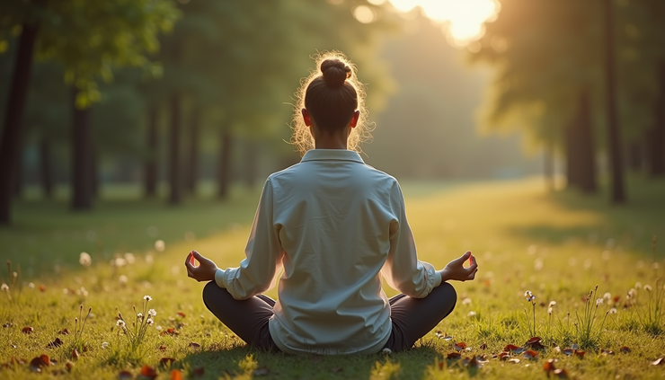 Vue en plongée d’une personne pratiquant la méditation en pleine nature