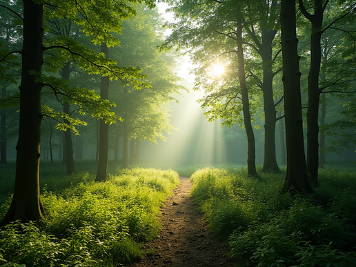Panoramic-view-of-lush-green-forest-in-the-UK-with-sunlight-streaming-through-trees-showin