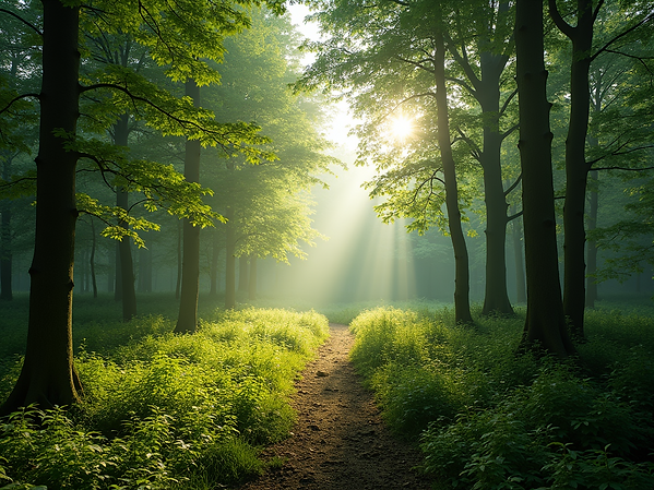 Panoramic-view-of-lush-green-forest-in-the-UK-with-sunlight-streaming-through-trees-showin