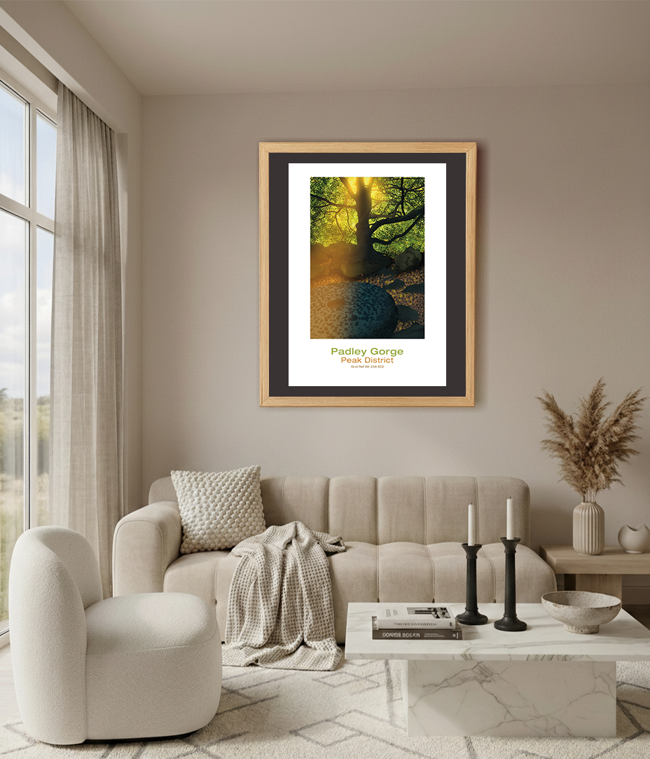 Thumbnail: Fine art print of Padley Gorge in the Peak District displayed in a living room
