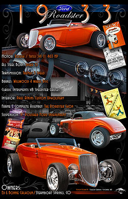 1933 Ford Roadster hot rod show car display board by Echelon Graphix, featuring a custom orange roadster with period-correct detailing, mechanical specifications, and historical presentation artwork designed for classic car shows.