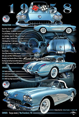 1958 Corvette C1 custom car show display board by Echelon Graphix — premium Apex Tier™ metal signage featuring iconic ’58 Corvette styling, dual-headlight chrome design, period-correct details, and high-resolution automotive presentation for Corvette collectors and show competitors.