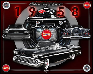 1958-Chevy-Impala-Automotive-Art, Chevy Sign Boards, Chevy Car Boards, Chevy Car Show Signage, Chevy Show Car Displays, Chevy Artwork, Muscle Cars, Camaro, Impala, Chevelle, Belair, Rat Rods, Street Rods, Gassers, T-Buckets, Roadsters, Antique Sedans, Vintage Auto Artwork, Antique Cars, Classic Cars, Automotive Artwork, https://echelongraphix.com/chevy-gallery