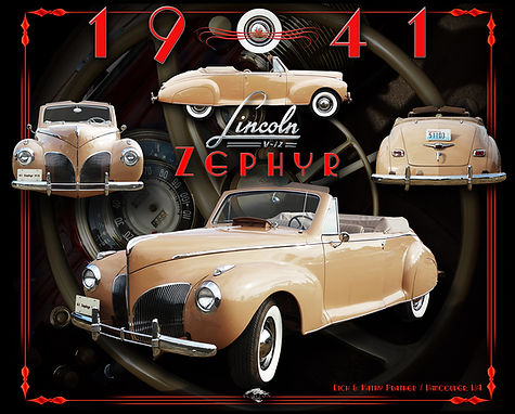1941 Lincoln Zephyr convertible vintage car photo artwork  montage display showcasing restored body styling, period-correct details, and multi-view show car artwork.