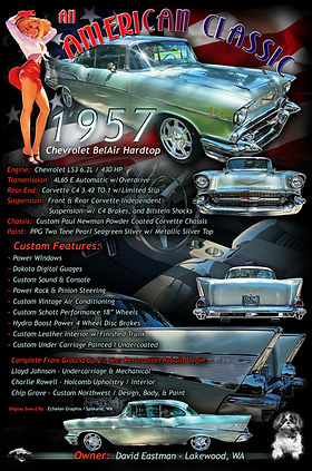 1957 Chevy Bel Air Hardtop custom montage featuring teal exterior, chrome accents, engine details, interior shots, classic pin-up artwork, and American-classic themed design by Echelon Graphix