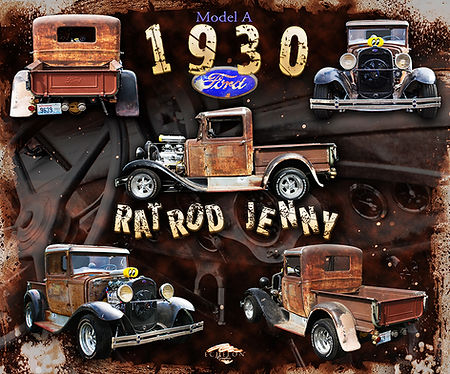 1930 Ford Model A rat rod custom photo artwork montage featuring multiple vehicle views of a patina-finished vintage pickup, exposed mechanical details, period-correct hot rod styling, and rugged industrial presentation, designed by Echelon Graphix.