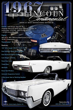 1967 Lincoln Continental show display board featuring restored white sedan, engine bay details, interior components, wheel close-ups, and luxury-themed custom layout by Echelon Graphix