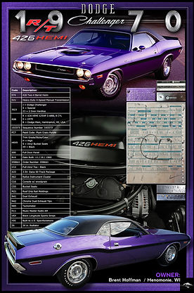 1970 Dodge Challenger R/T 426 HEMI Mopar display board featuring documented muscle car with specification table, archival imagery, multiple angles, and premium AlumiGraphix metal layout by Echelon Graphix.